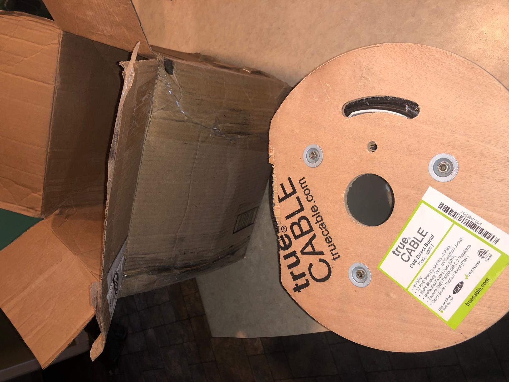 TRUE CABLE Cat6 Direct Burial Outdoor Bulk Ethernet Cable, Unshielded, 500ft, Black, 23AWG Solid Bare Copper, Outdoor OSP Jacket, Waterproof, UV, 550MHz, PoE++ 100W (4PPoE) customer photo 1