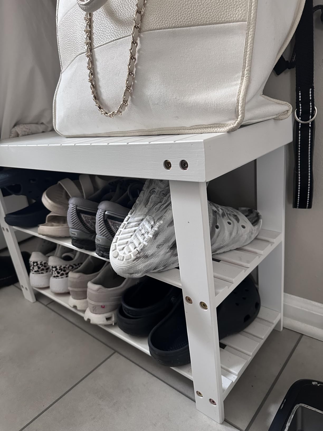SONGMICS Shoe Rack Bench, 3-Tier Bamboo Shoe Storage Organizer, Entryway Bench, Holds Up to 286 lb, 11.3 x 27.6 x 17.8 Inches, Ink Black ULBS04H customer photo 1