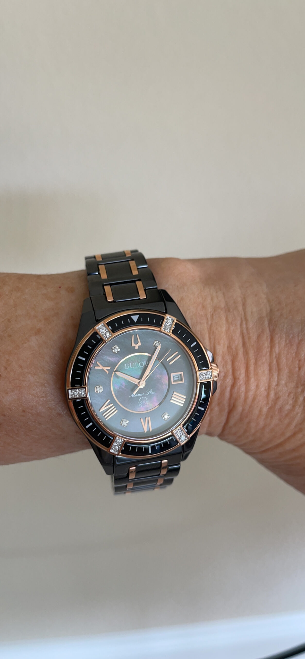 Bulova Ladies' Marine Star 'Series L' 3-Hand Day Date Quartz Diamond Ceramic Watch, Sapphire Crystal, 100M Water Resistant, Mother-of-Pearl Dial, 37mm customer photo 1
