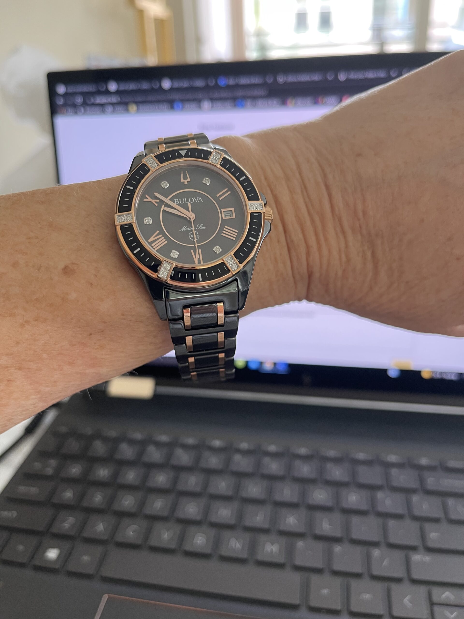 Bulova Ladies' Marine Star 'Series L' 3-Hand Day Date Quartz Diamond Ceramic Watch, Sapphire Crystal, 100M Water Resistant, Mother-of-Pearl Dial, 37mm customer photo 2