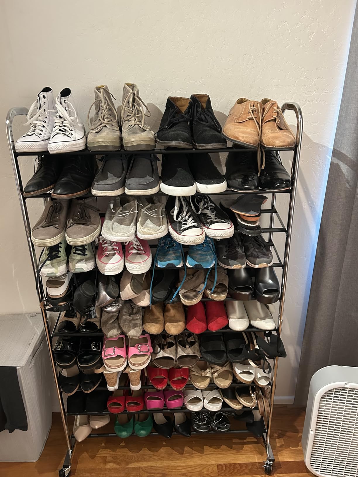 Amazon Basics 50-Pair Shoe Rack Organizer, Portable Rolling with Locking Wheels, Free Standing, 35.8 x 14.6 x 59.5 inches, Chrome customer photo 1