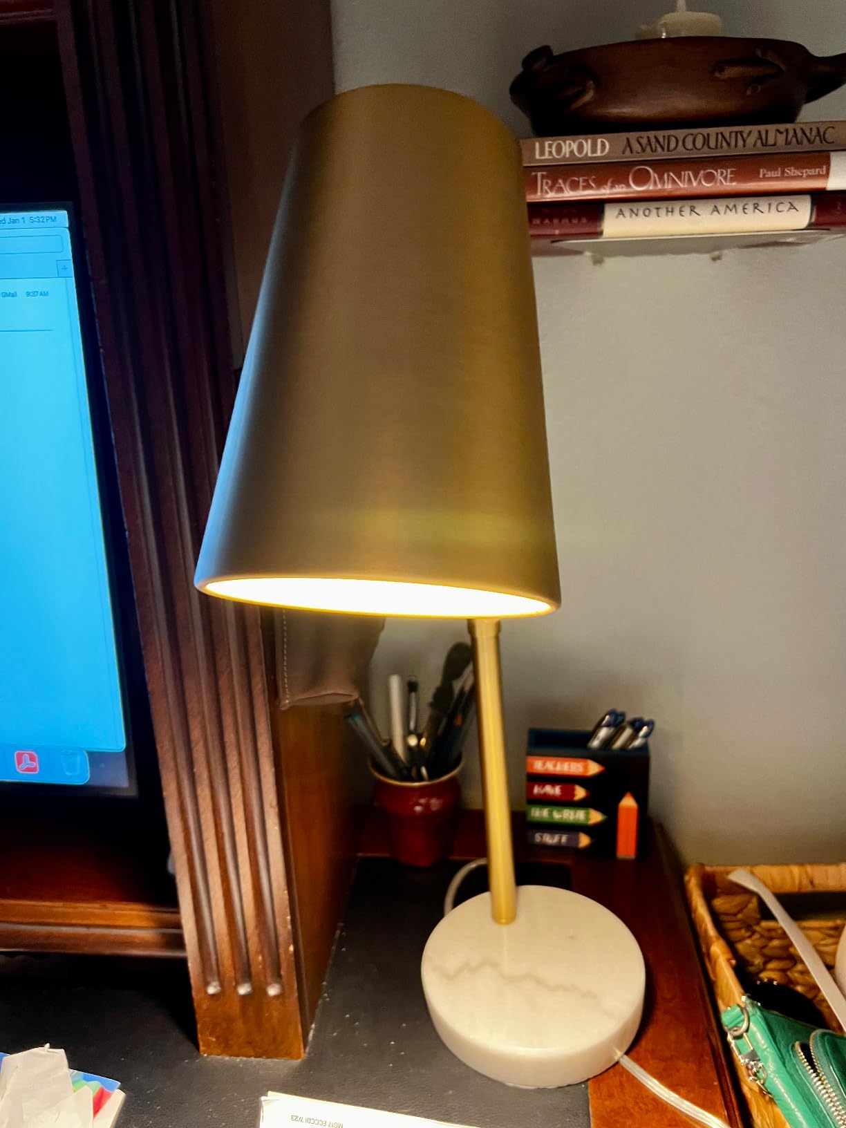 VONLUCE Gold Desk Lamp with LED Bulb Adjustable, Antique Brass Metal Table Lamp Marble Base, Mid Century Modern Reading Lamp Office, 20'' Industrial Task Lamp Work Lamp for Reading Bedroom customer photo 1