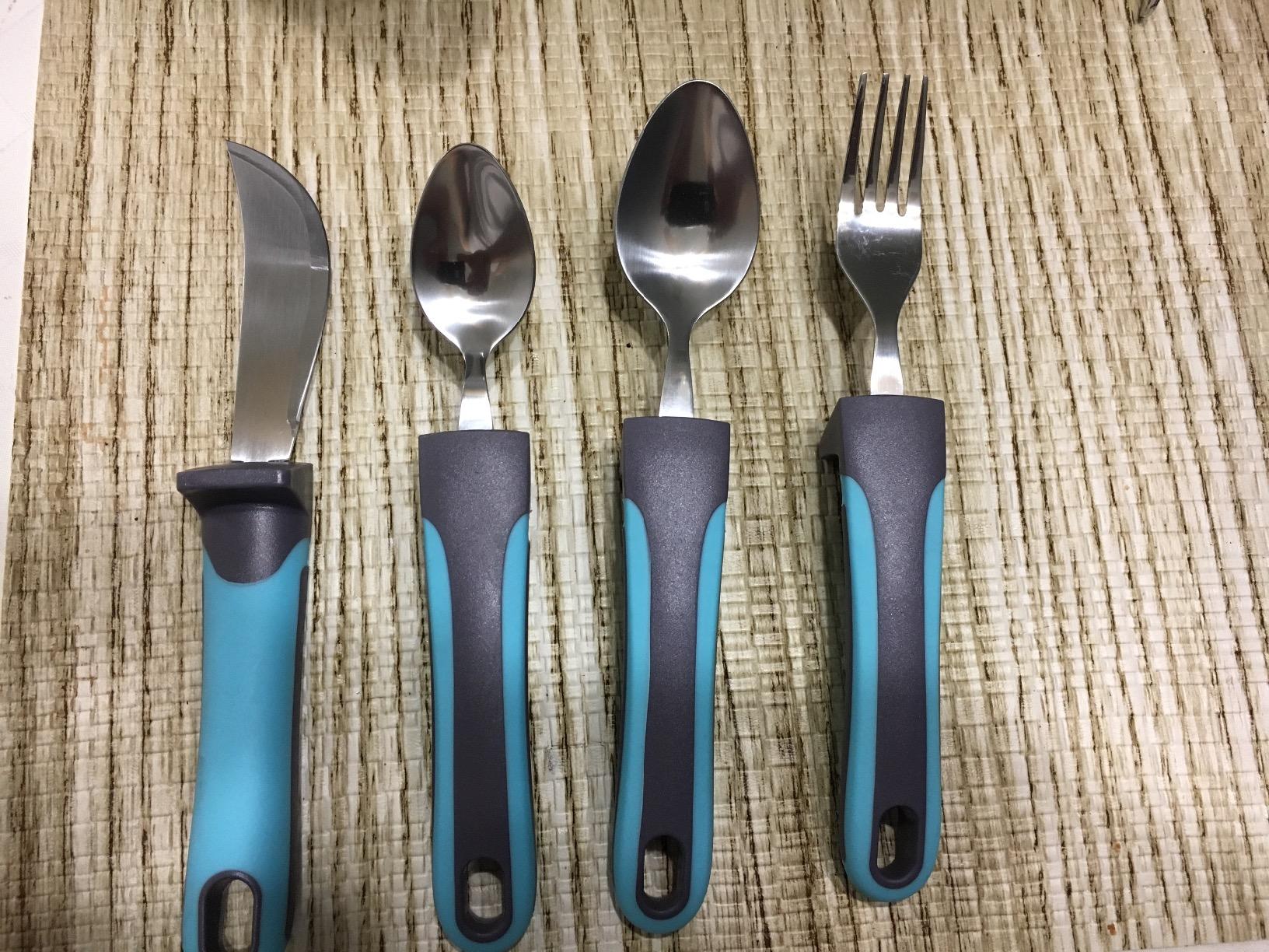 BUNMO Adaptive Utensils for Elderly, Arthritis, Weak Hand Grip, Tremors & Handicapped - Convenient Travel Pouch - 3.35oz Lightweight - Stainless Steel - Eat Independently - Adaptive Blue 4 Piece Set customer photo 2