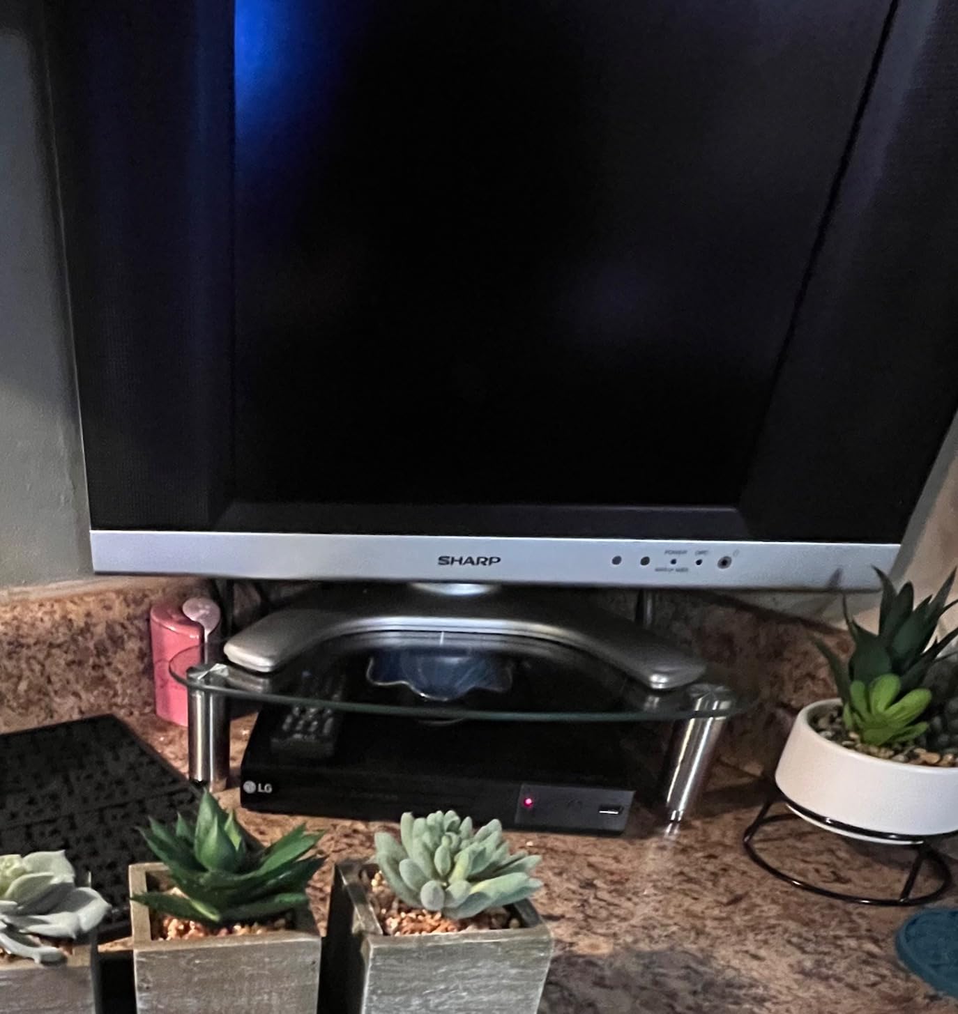 Hemudu Clear Glass Computer Monitor Riser / Triangle Desktop Universal Corner Stand customer photo 2