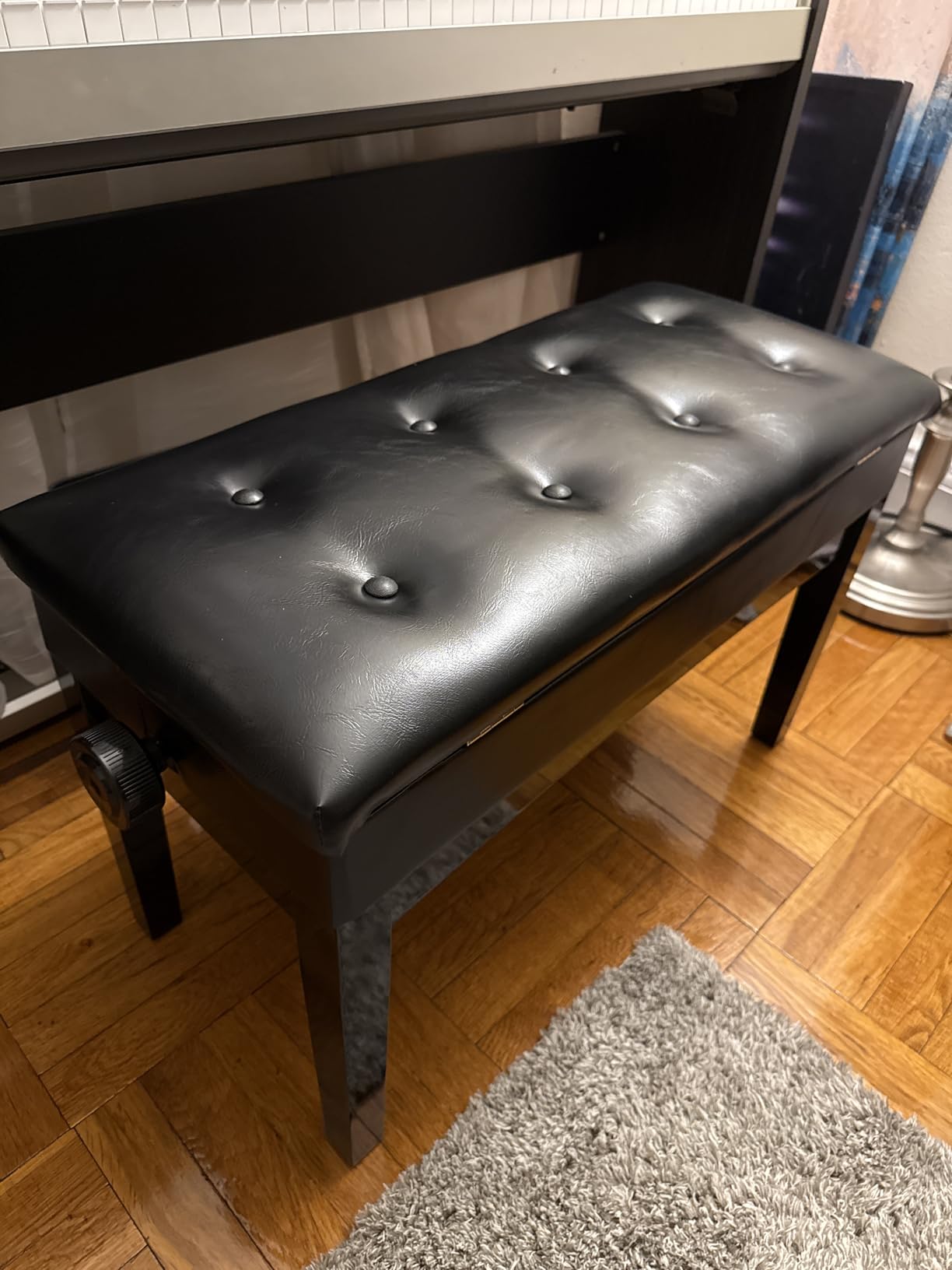 Bonnlo Adjustable Duet Piano Bench with Storage Black Faux Leather Piano Stool Deluxe Padded Seat with 2
