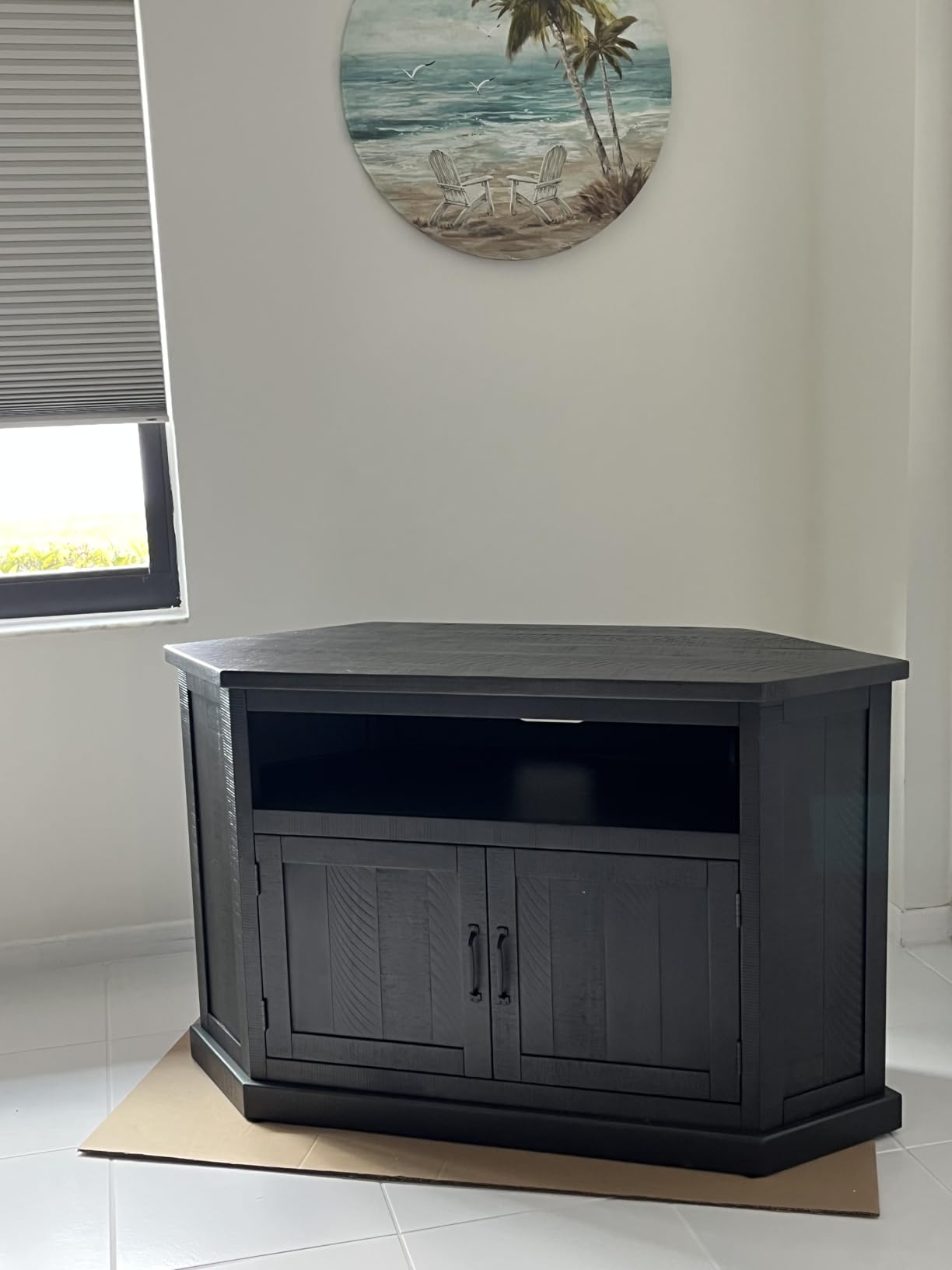 Martin Svensson Rustic Solid Wood TV Stand - Antique White and Honey Tobacco Finish - Hexagonal Shape and Farmhouse Design Entertainment Center with Shelves Included customer photo 1