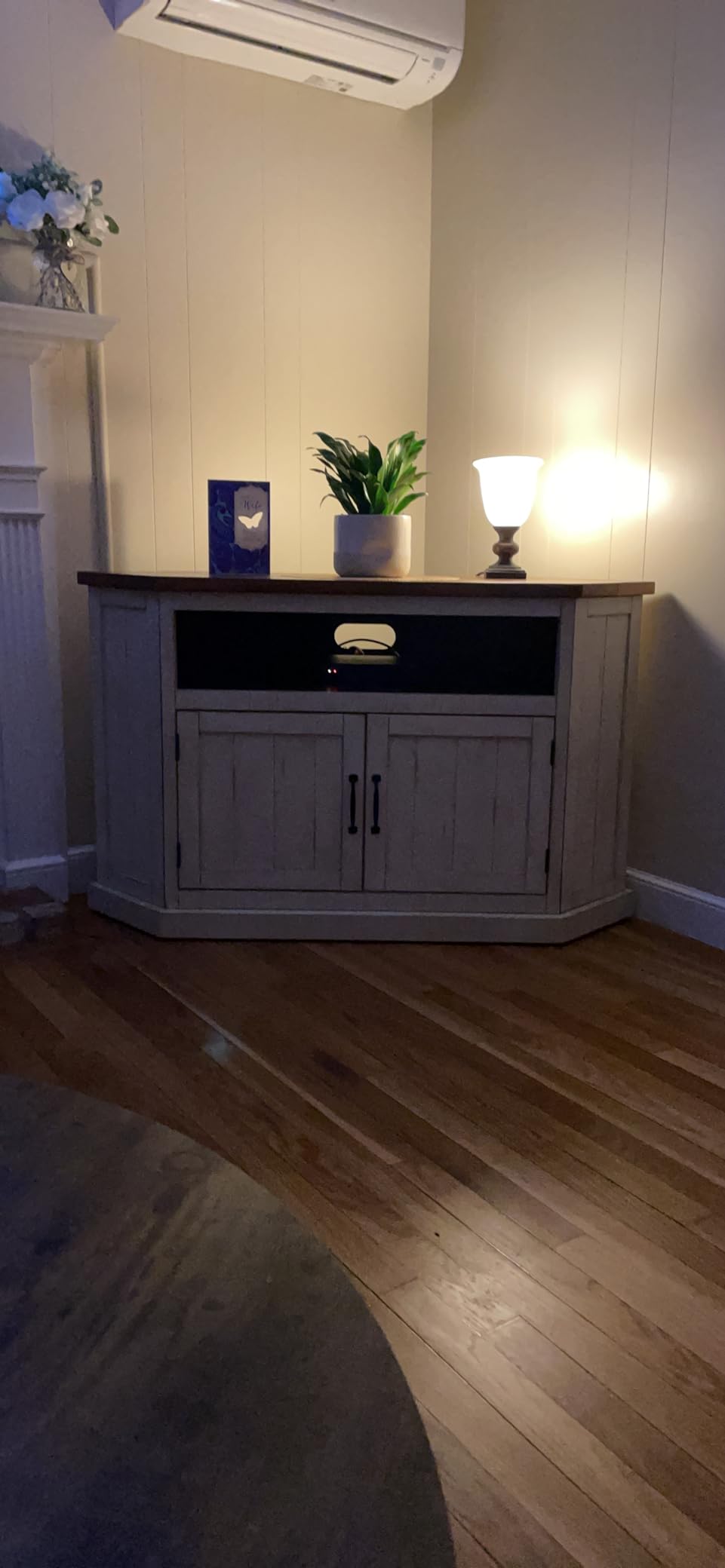 Martin Svensson Rustic Solid Wood TV Stand - Antique White and Honey Tobacco Finish - Hexagonal Shape and Farmhouse Design Entertainment Center with Shelves Included customer photo 2