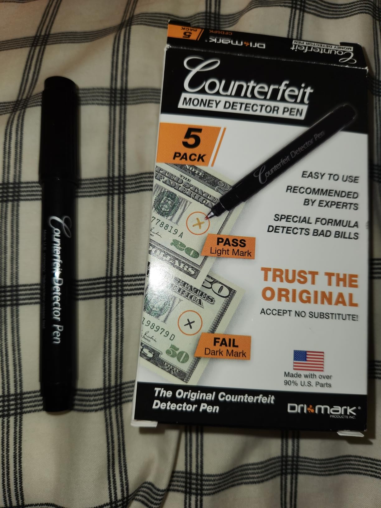 Dri Mark CFD5PK Counterfeit Bill Detector Marker Pen, Made in The USA, 3 Times More Ink, Pocket Size, Fake Money Checker - Money Loss Prevention Tester & Fraud Protection for U.S. Currency (Pack of 5) customer photo 1