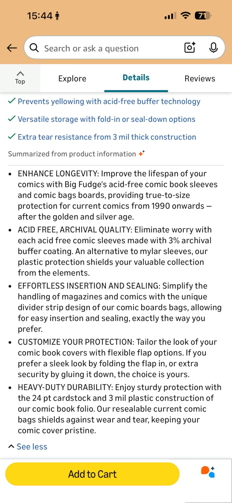 Big Fudge 50 Comic Book Bags and Boards - Protector Sleeves for Comics and Magazines - Archival Protection for 1990s to Current Comic Books - 7.25