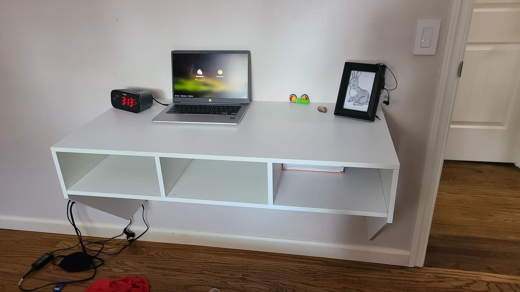 Giantex Wall Mounted Desk Floating Computer Desk, Writing Study Table W/3 Storage Shelves, Laptop PC Table for Living Room, Bedroom, Office (White) customer photo 1