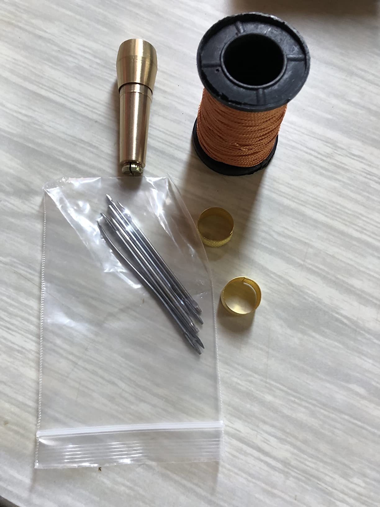 WILLBOND 6 Pieces Leather Sewing Awl Needle with Copper Handle, Upholstery Repair Kit 50 M Nylon Cord Thread and 2 Pieces Thimble for Handmade Leather Sewing Tools Shoes and Repair customer photo 2