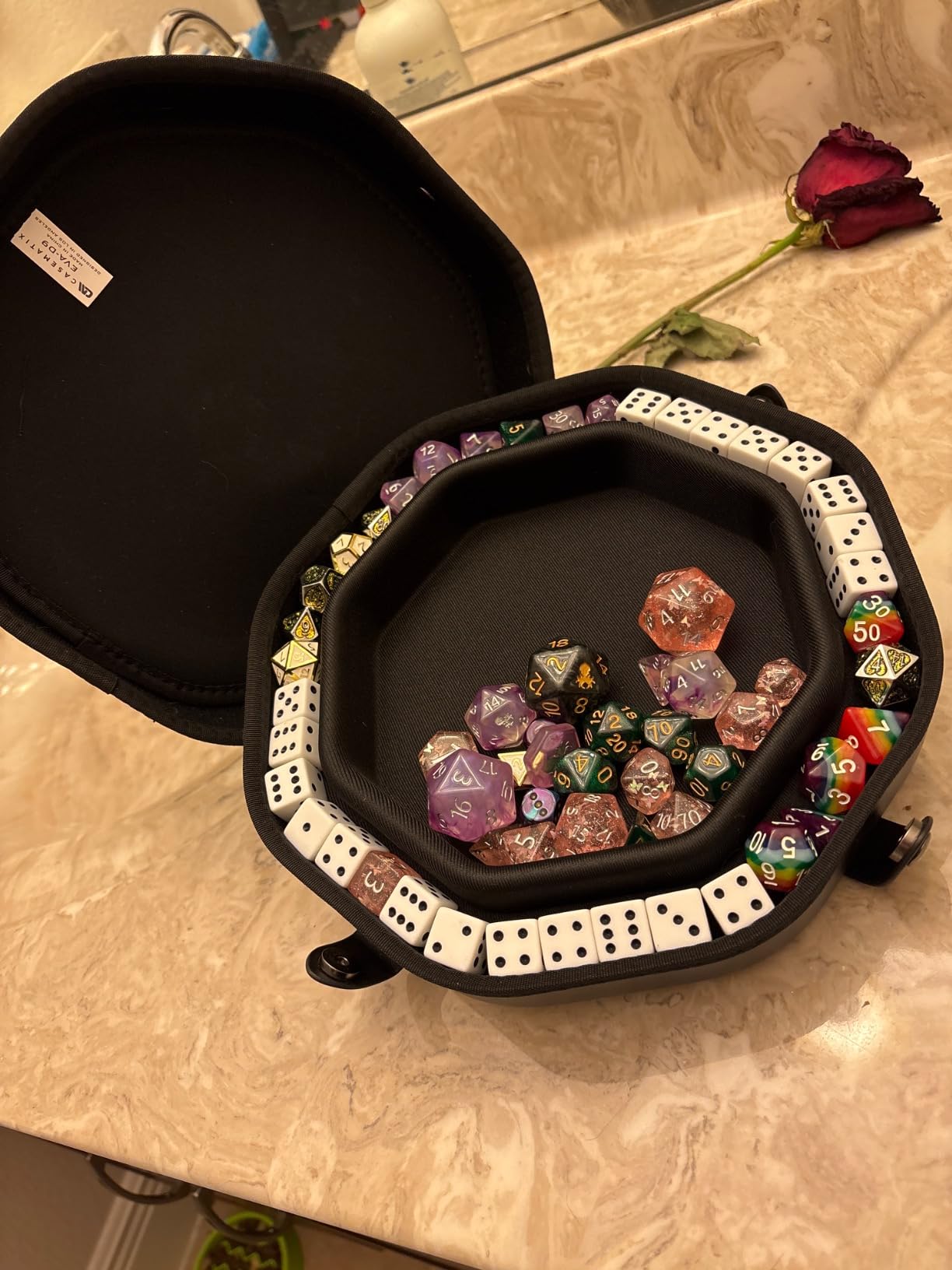 CASEMATIX Dice Tray and Dice Storage Case for Up to 115 RPG Dice - Dice Tray for Rolling with Magnetic Snaps, Embossed Dragon Design and Non-Scratch Interior customer photo 2