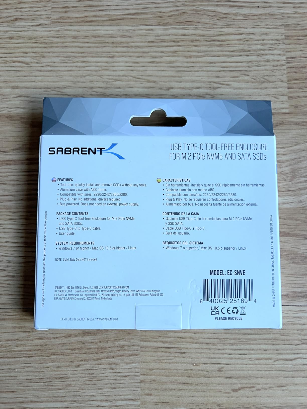 Sabrent USB 3.2 Type-C Tool-Free Enclosure for M.2 PCIe NVMe and SATA SSDs (EC-SNVE) customer photo 2
