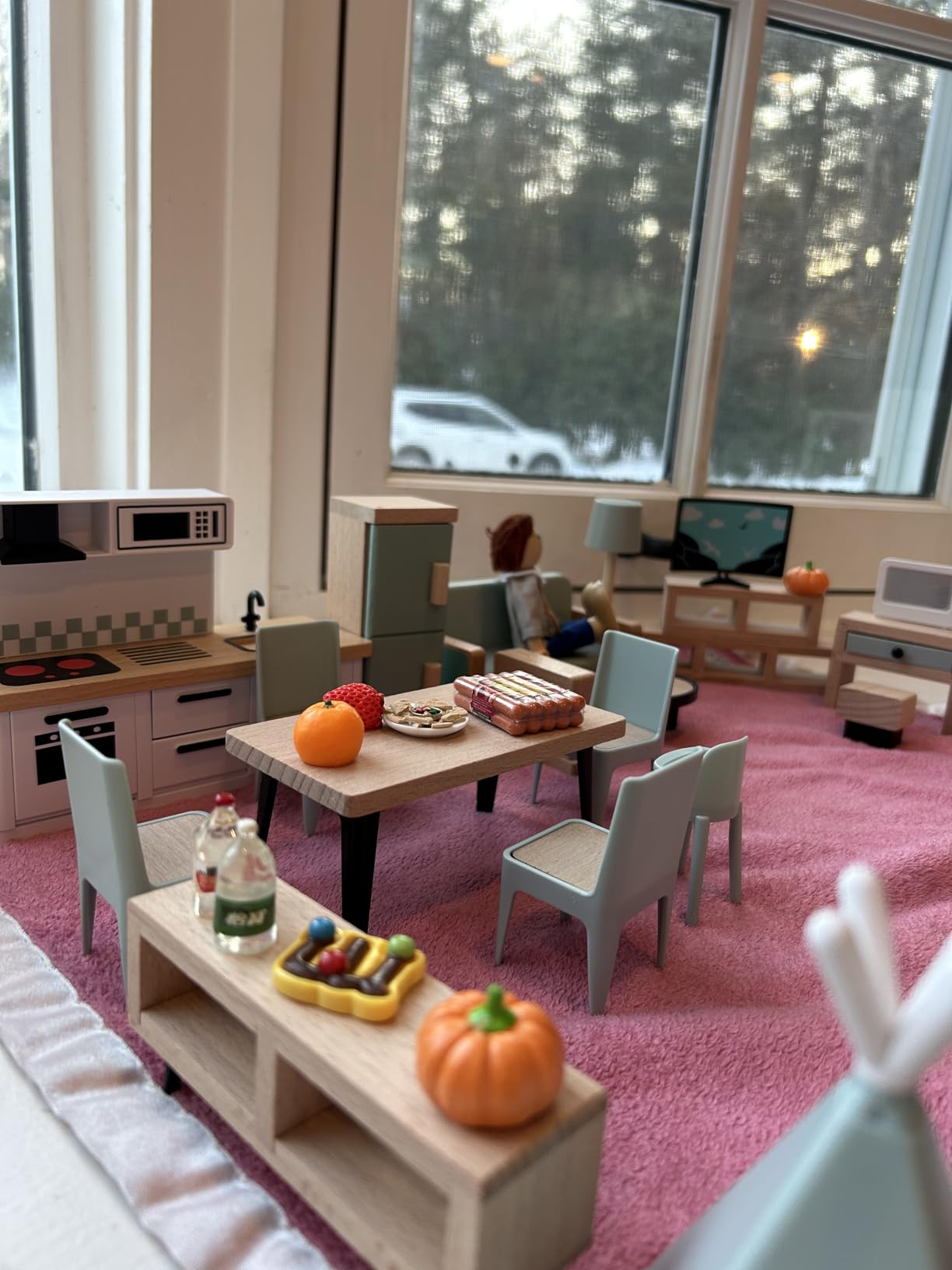 Giant bean 36pcs Wooden Dollhouse Furniture Set 5 Rooms 4 Family Dolls, Wood and Plastic Blue Dollhouse Accessories, Pretend Play Furniture Toys Christmas Birthday Gift for Boys Girls Kids Toddlers 3+ customer photo 1