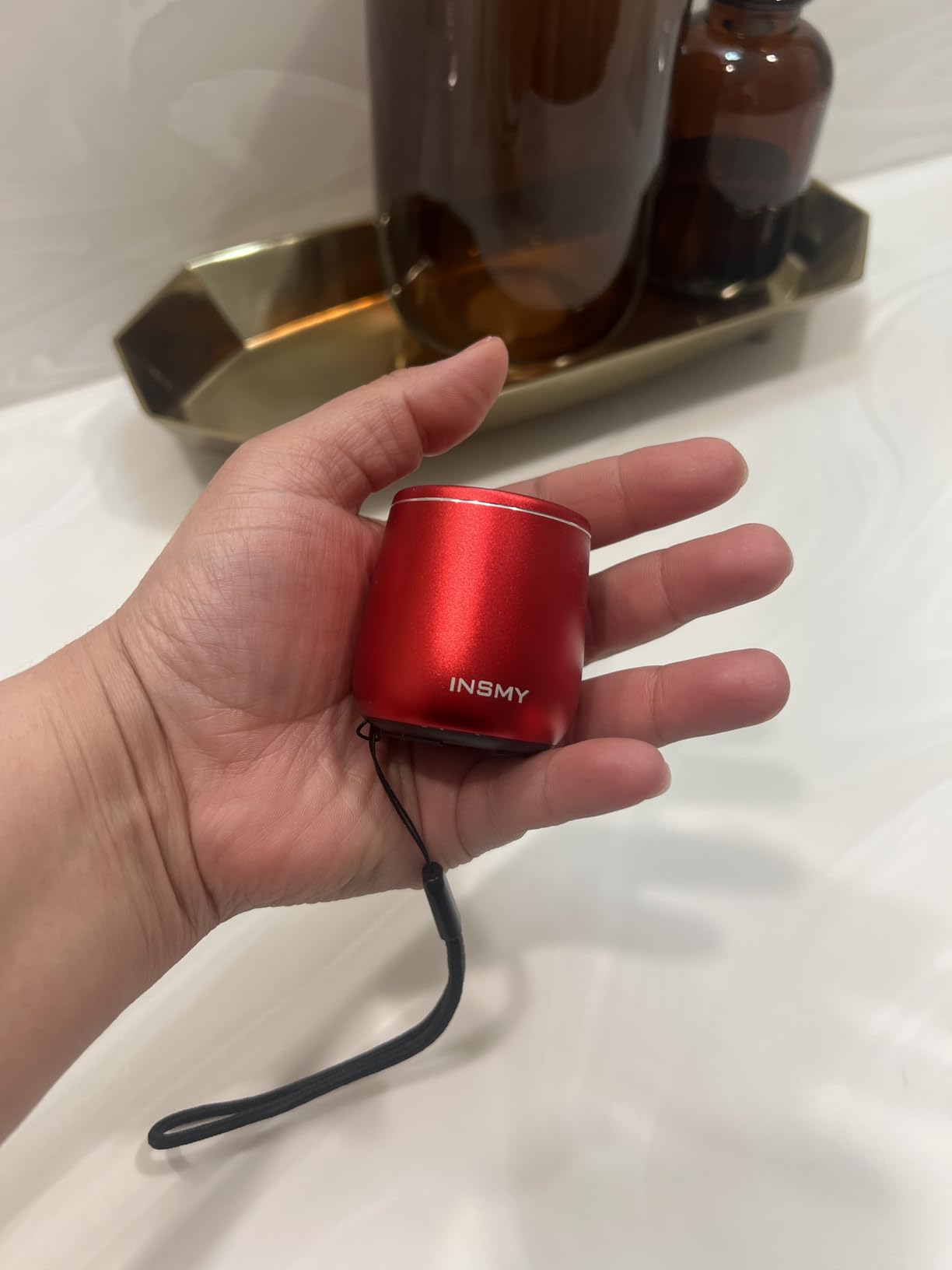INSMY Small Bluetooth Speaker, Waterproof Mini Portable Wireless Speaker, Punchy Bass Rich Audio Stereo Pairing, Handheld Pocket Size, Built in Mic for Hiking Biking Gift Laptop Tablet (Red) customer photo 1