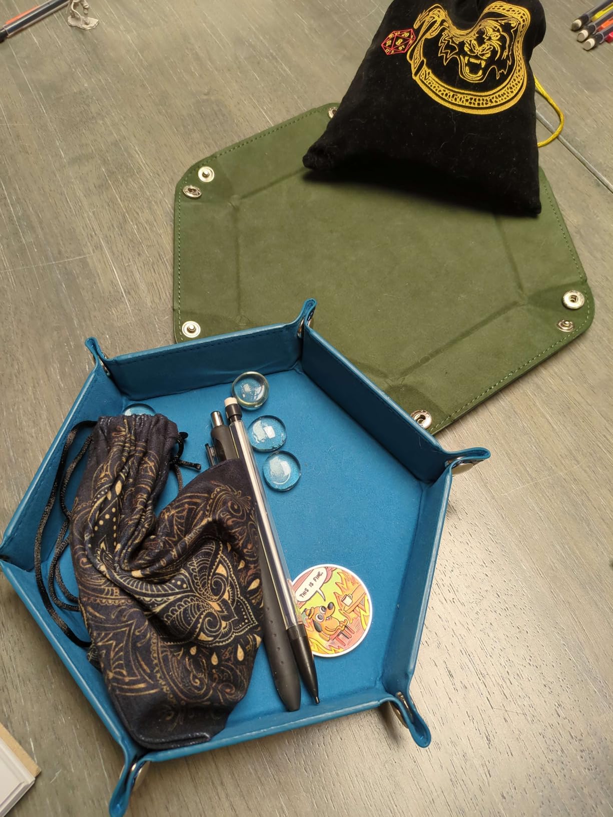 SIQUK 2 Pieces Dice Tray PU Leather Dice Trays Folding Hexagon Dice Holder Tray for Dice Games Like RPG, DND and Other Table Games (Cyan and Black) customer photo 1