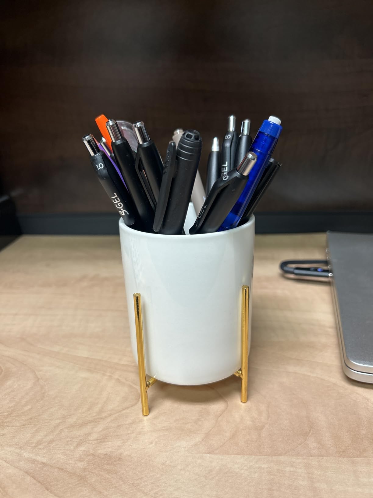Gold pencil cup Sturdy metal frame with white ceramic pen holder For desks and kitchen appliance holders customer photo 2