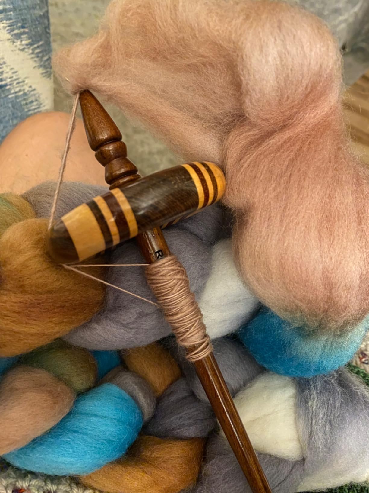 Revolution Fibers Premium Artisan Top Whorl Drop Spindle for Beginner & Advanced Hand Spinning - 11 inch Shaft | 3.25 inch Whorl Diameter | Multi-Wood Satin Finish customer photo 1