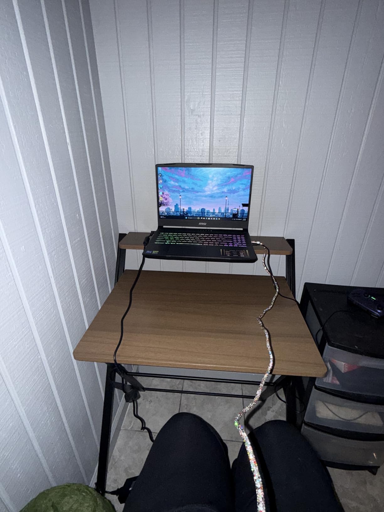 GreenForest Portable Small Desk No Assembly, 2-Tier Compact Computer Desk with Shelf, Space Saving Foldable Table for Home Office, Bedroom or Apartment, Portable Collapsible Sturdy Laptop Desk, Oak customer photo 1