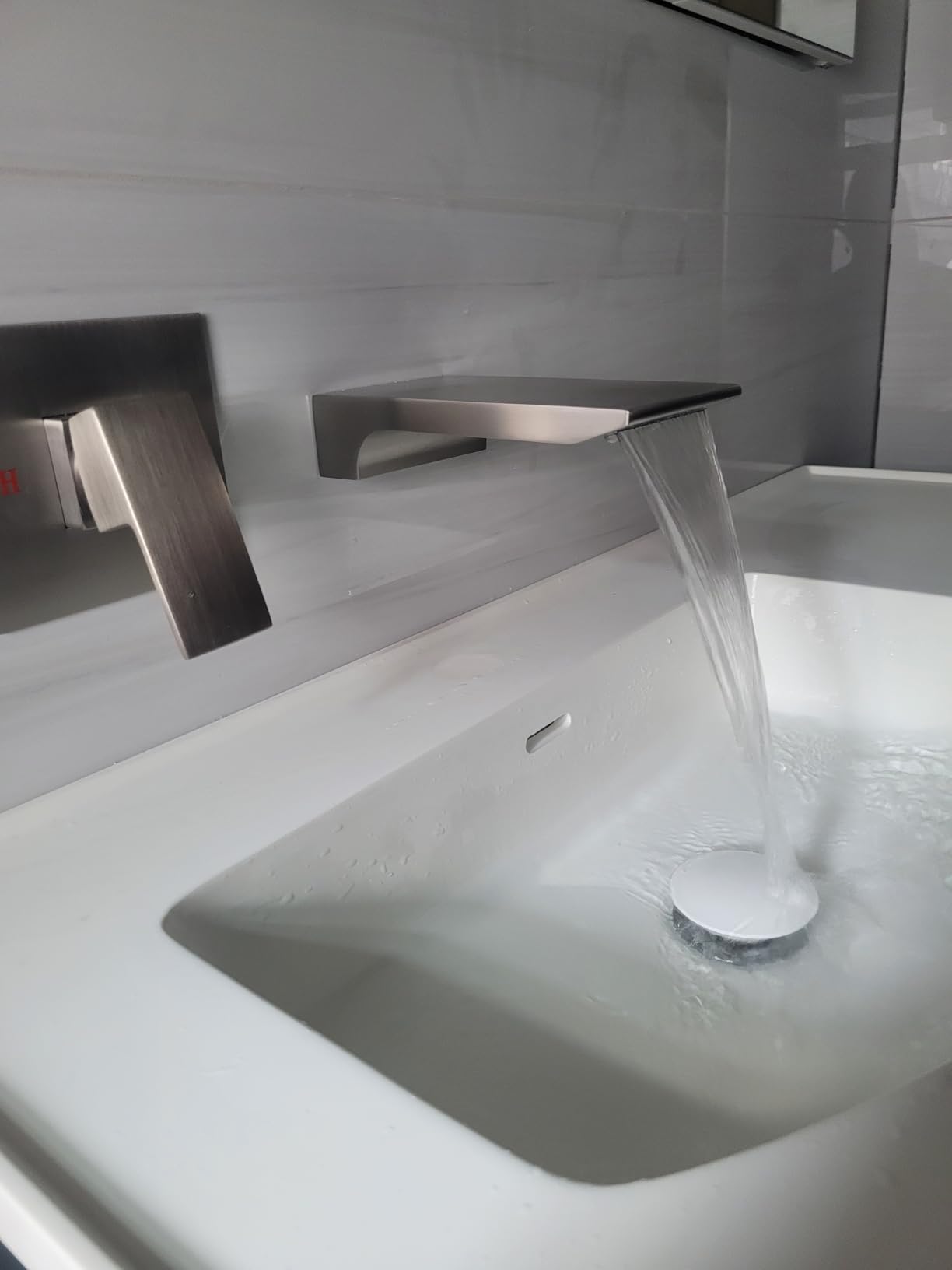 Aolemi Wall Mount Bathroom Faucet Waterfall Tub Filler, Single Handle Wall Mounted Sink Faucet with Valve, Brushed Nickel customer photo 1