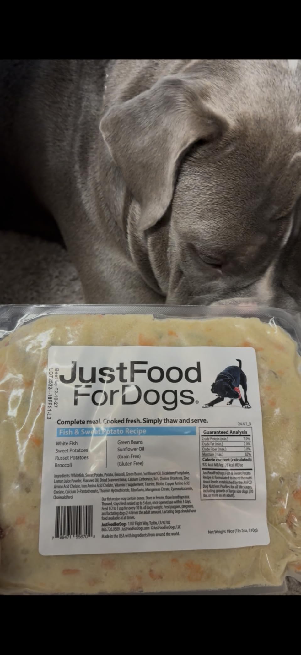JustFoodForDogs Frozen Fresh Dog Food Toppers and Meals, Human Grade, Balanced Fresh Pet Meal or Topper, No Preservatives, Limited Ingredient Recipe, Fish & Sweet Potato 18 oz - 7 Pack customer photo 2