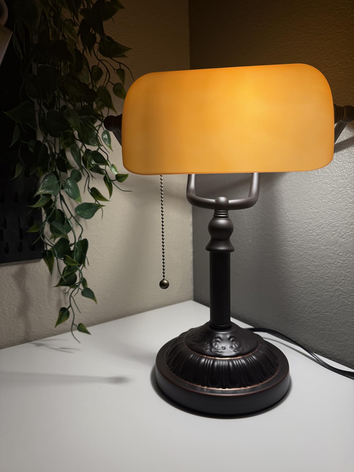 TORCHSTAR Bankers Desk Lamp with Pull Chain Switch, Amber Glass Shade Desk Lamps, Bronze Base, E26 Base, Vintage Library Lamp for Office, Study Room(Matted Orange) customer photo 1