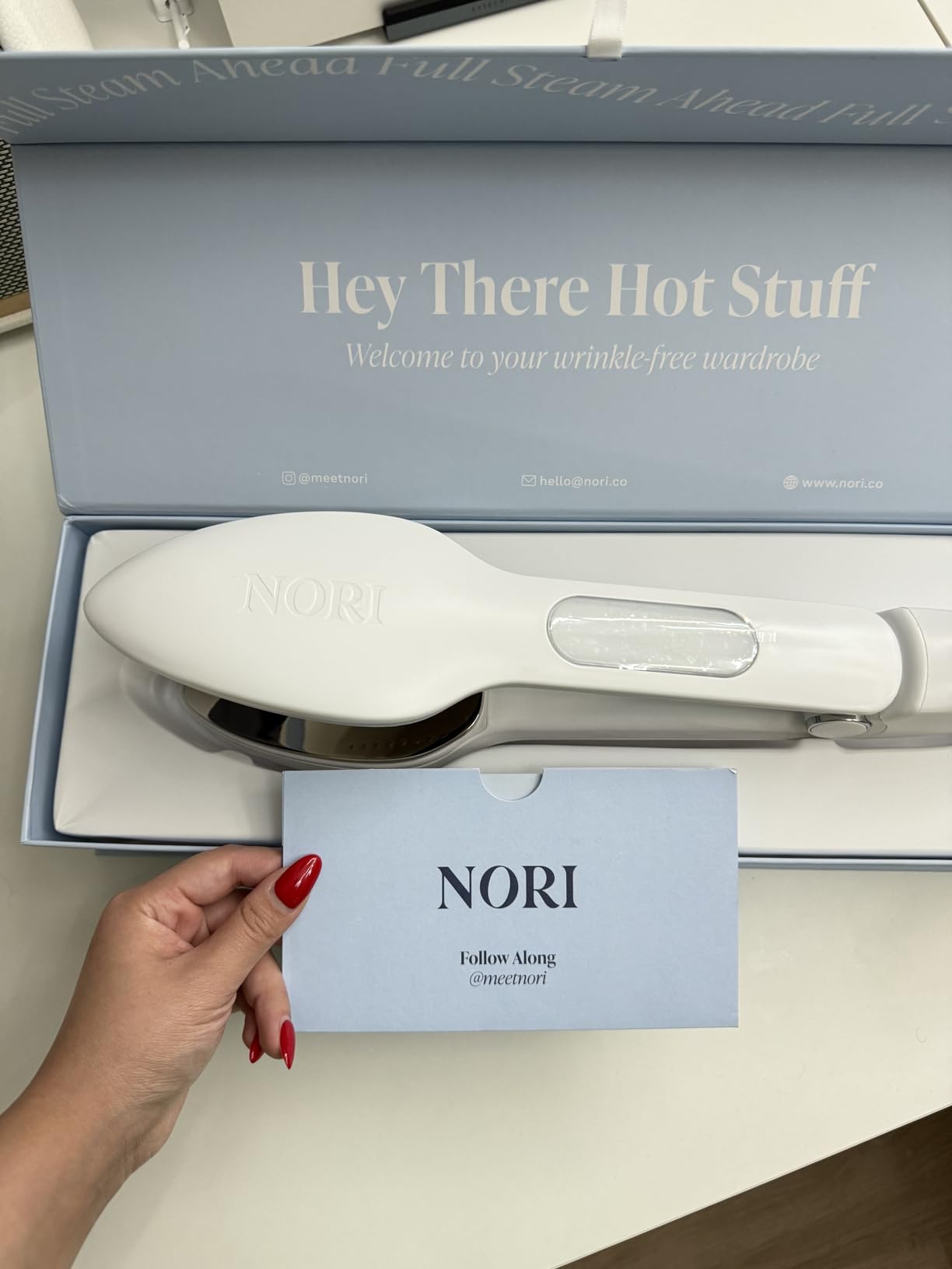 Nori Press Travel Steam Iron - Handheld Iron With Optional Steam Feature - No Ironing Board Required - Easy to Use w/ 6 Fabric Settings - Removes Wrinkles - User Manual Included - White customer photo 2