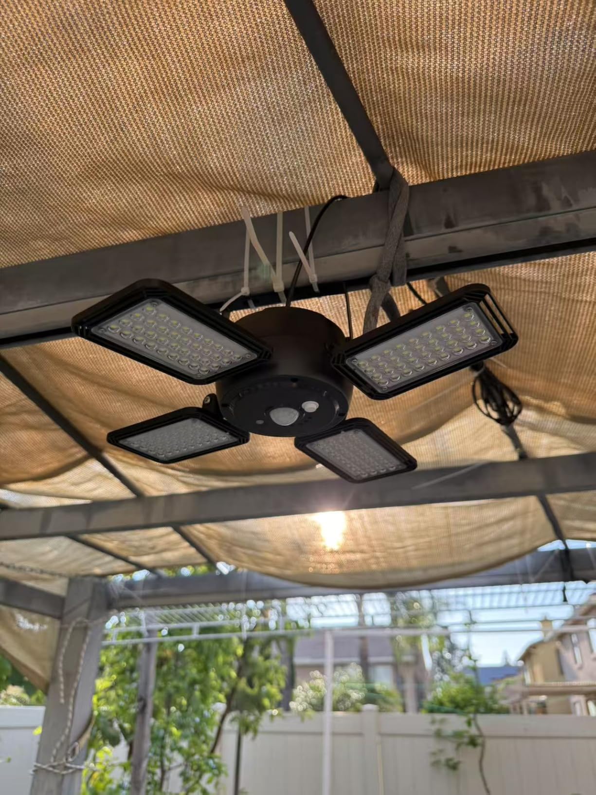 Solar Shed Light Indoor Outdoor 1200LM 144LED Pendant Light, Motion Sensor with Upgrade 5 Lighting Modes & Remote Control 4-Leaf 120°Adjustable Lights for Home Yard Garage customer photo 2