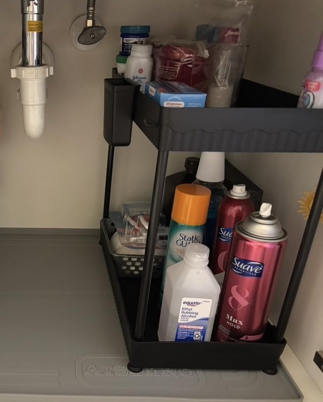 2 Pack Under Sink Organizer, Under Bathroom Cabinet Organizer with Hooks Hanging Cup, Multi-Purpose Storage Shelf for Kitchen Bathroom, Black customer photo 2