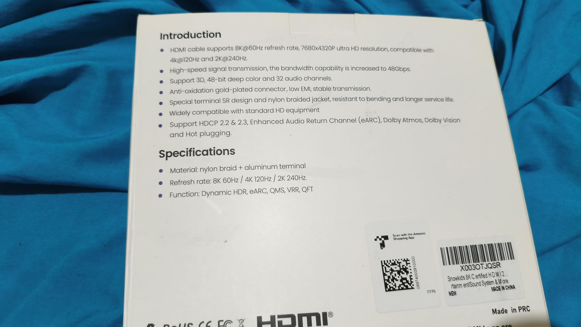 Snowkids 8K HDMI Fiber Optic Cable Long 2.1 100FT/30M, Unidirectional 48Gbps High Speed 8K60 4K Braided HDMI Cord eARC HDR10 2.2&2.3 Compatible for TV/Monitor/PS-5/X-box/Sound System & More customer photo 1