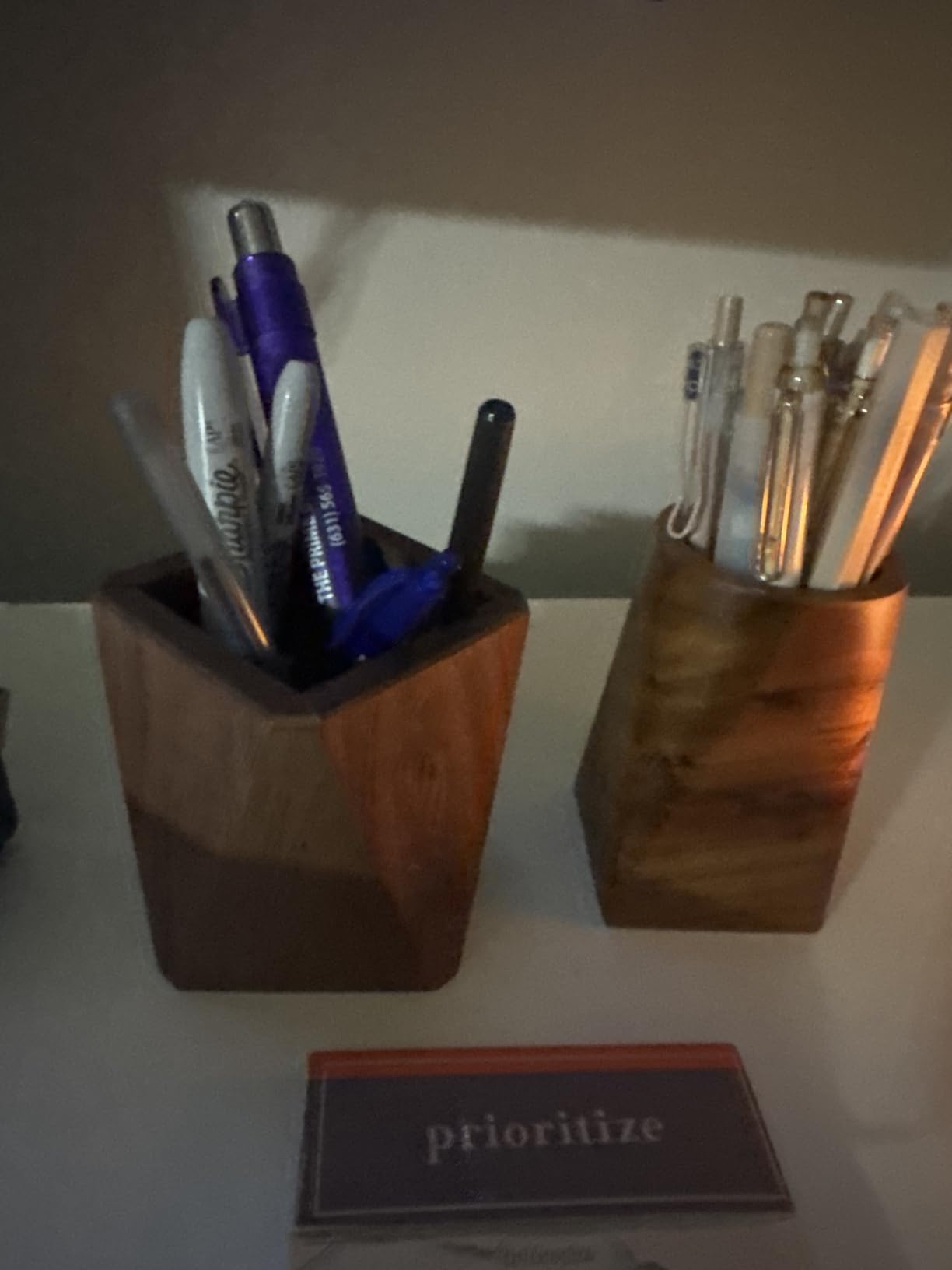 Black Walnut Wooden Pencil Box, Multiple-Use Desk Writing Stationary Organizer Wood Pen Holder Cups Office School Supplies Storage (Prismatic Shape) customer photo 2