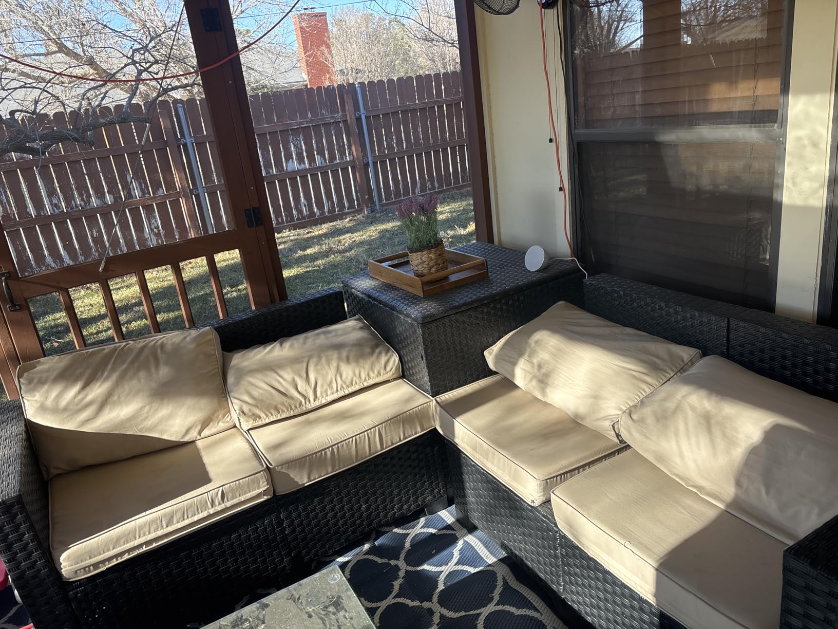 WAROOM Patio Furniture Set 4 Piece Conversation Sets Black Rattan Outdoor Couch Loveseat Wicker Sectional Sofa with Storage Box Glass Top Table, Grey Cushion customer photo 2