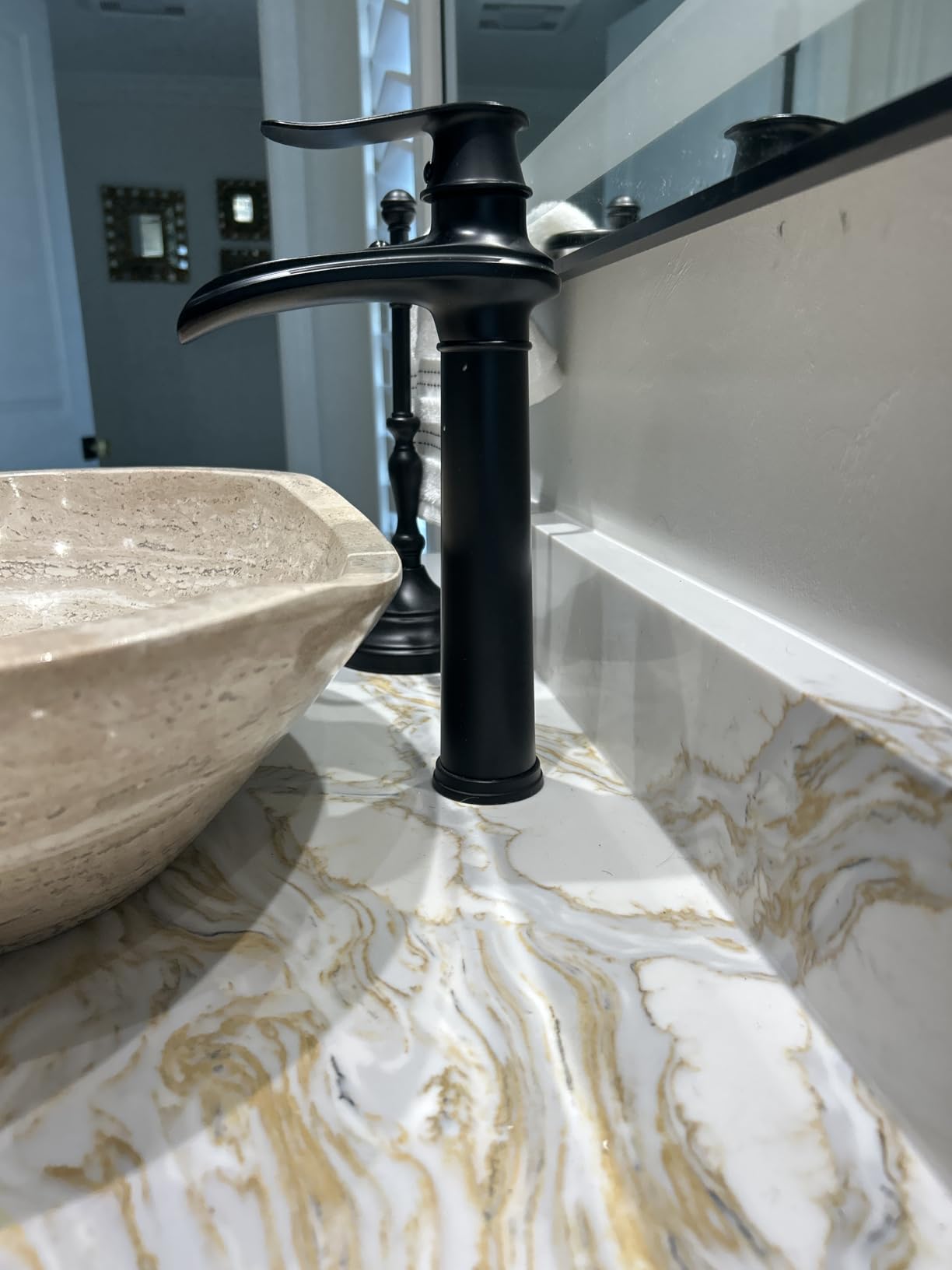 BWE Vessel Sink Faucet Waterfall Matte Black Bathroom Faucets Single Hole Single Handle Bathroom Sink Faucet Tall Vessel Faucet with Pop Up Drain and Water Supply Line customer photo 2