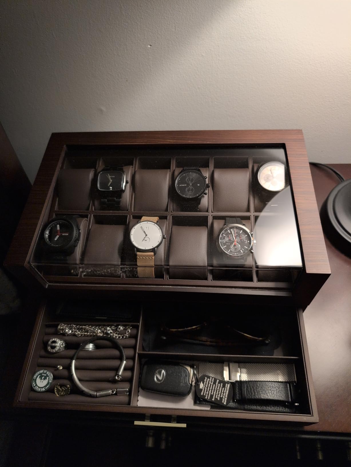 High End Watch Box for Men, 12 Slot Wooden Watch Case With Drawer, Watch Display Box with Glass Lid, 2-Layer Watch Holder for Jewelry and Watch Storage for Men Women customer photo 1