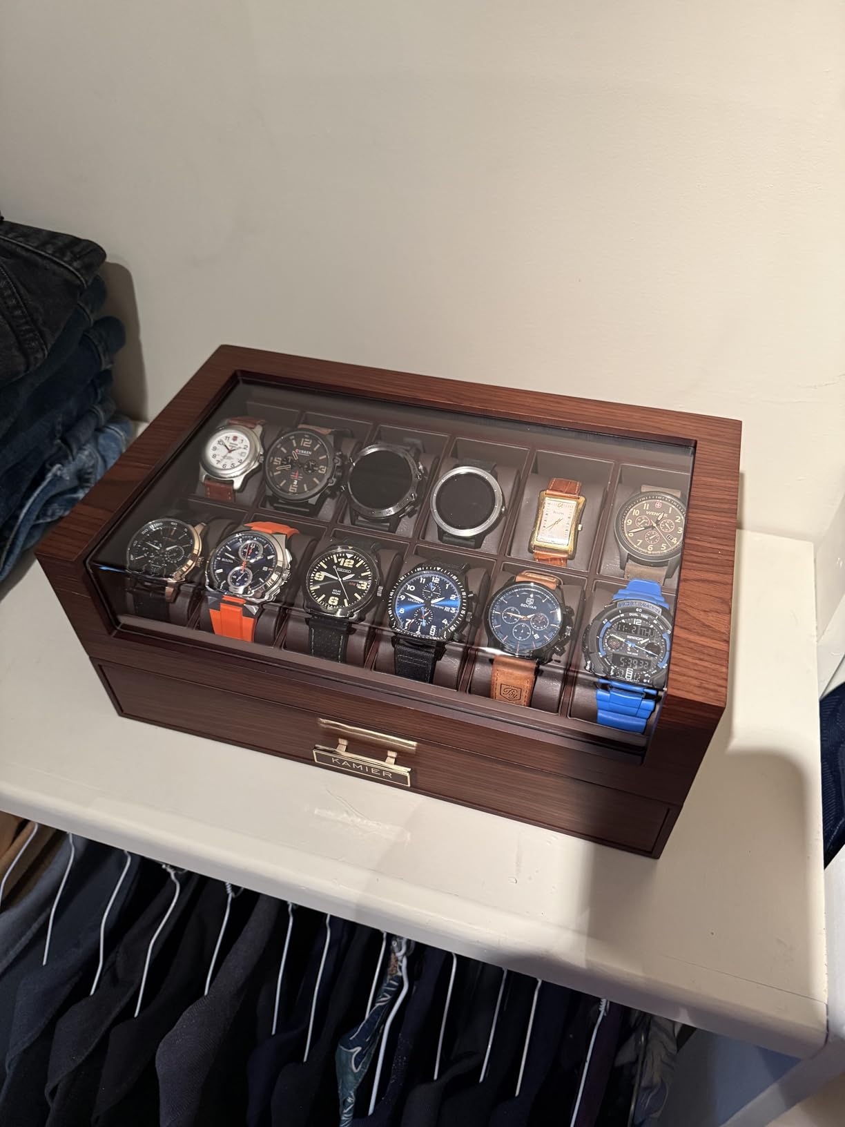High End Watch Box for Men, 12 Slot Wooden Watch Case With Drawer, Watch Display Box with Glass Lid, 2-Layer Watch Holder for Jewelry and Watch Storage for Men Women customer photo 2