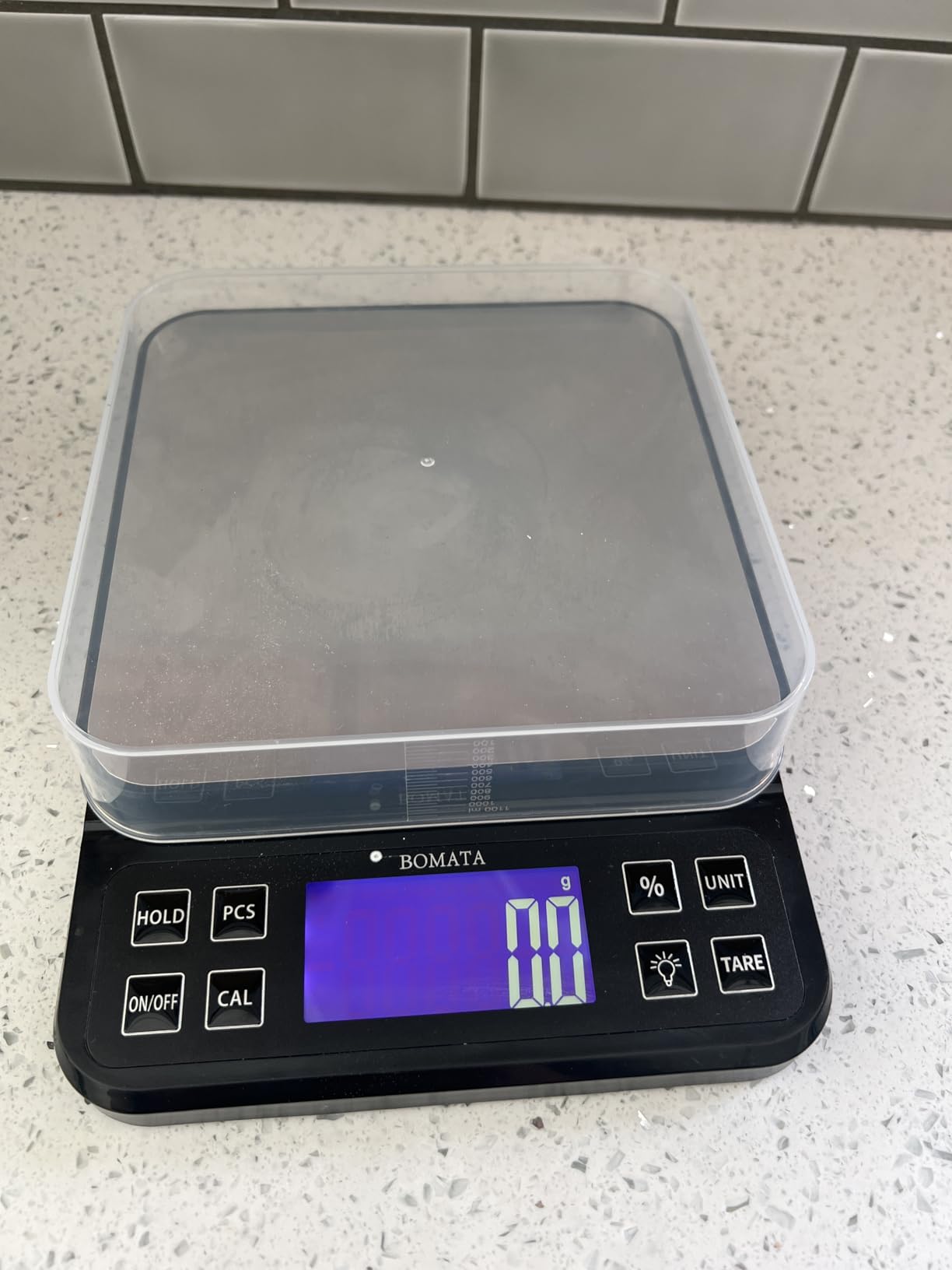 BOMATA Large Kitchen Scale with 0.1g/0.001oz High Precision, 5kg/11lb Bakery Scale with Percentage Function, USB Rechargeable, Full-View Angle LCD with Backlight, Stainless Steel Pan customer photo 1