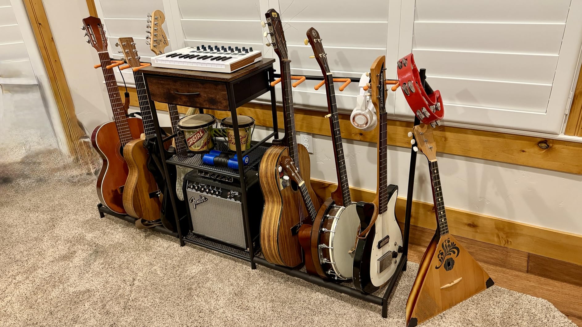 Guitar Stands Floor with 4 Guitar Holders, 3-Tier with Amp Stand & Cloth Drawer customer photo 2