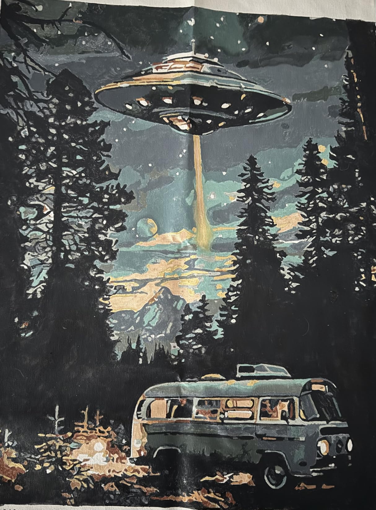 Tucocoo Starry UFO DIY Paint by Numbers for Adults Bus in Forest DIY Oil Painting Acrylic Paint Art Moon Stars Painting Kits Canvas with Acrylic Paint UFO Fantasy Decor 16x20 Inch (Without Frame) customer photo 1