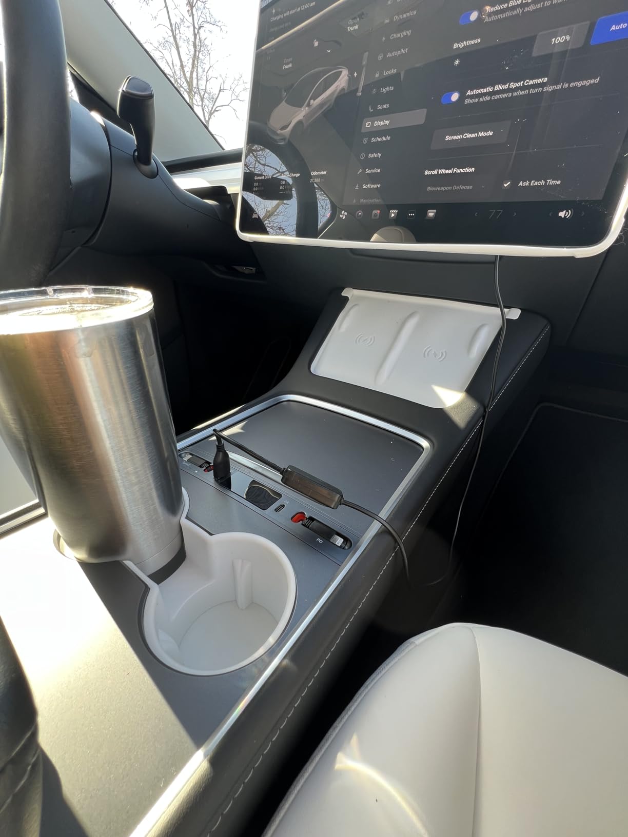 TOPABYTE 3PCS Center Console Accessories for Tesla Model Y 2021-2024 and Model 3 2021-2023 Cup Holder Insert, Screen Edge Protector Frame, Silicone Wireless Charger Mat, White customer photo 2