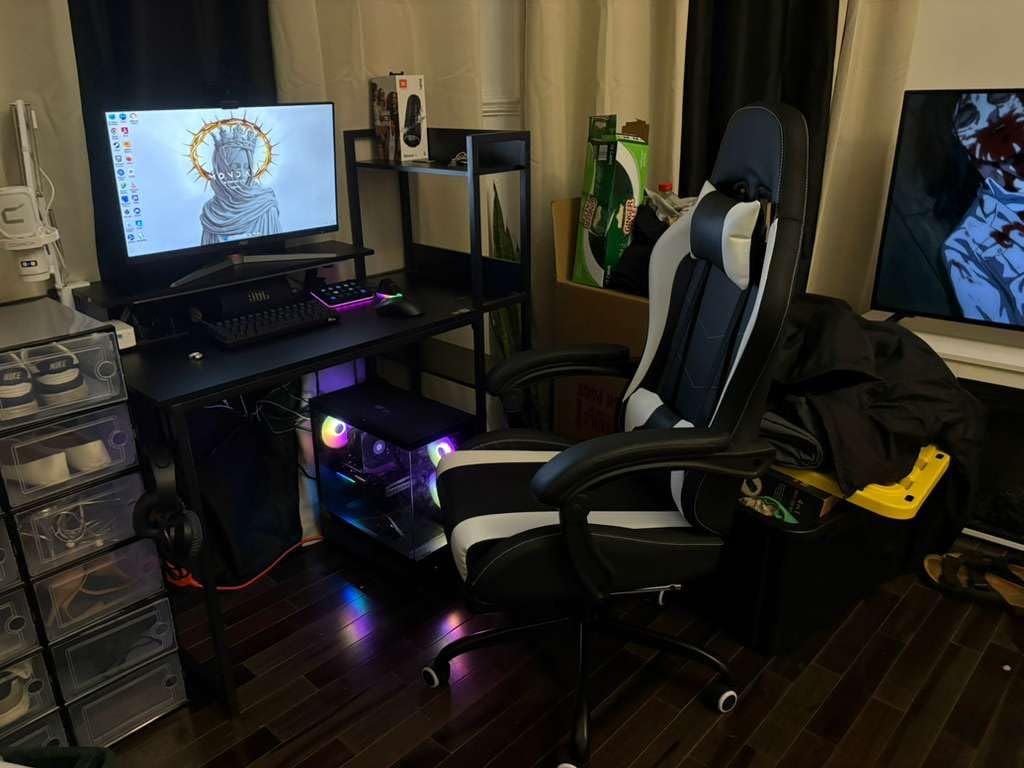 ODK Reversible Gaming Desk LED Lights, 40 Inch Computer Desk with Storage Shelves & Monitor Stand, Study Table for Home Office, Small Space Bedroom, Carbon Fiber Black customer photo 2