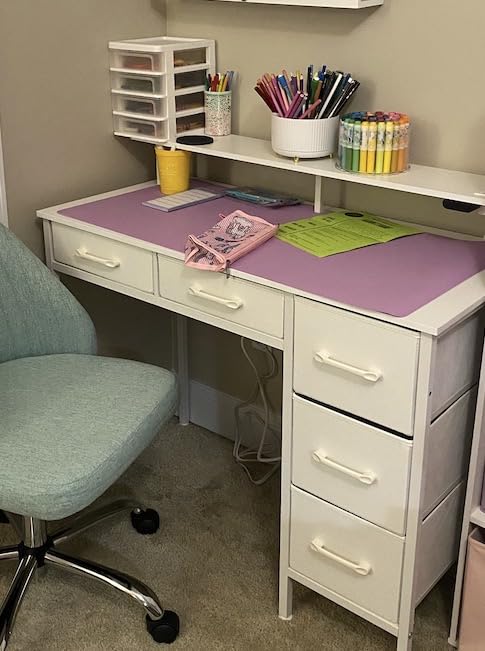 Seventable Computer Desk with Power Outlets & LED Light, 39 inch Home Office Desk with 5 Drawers, Writing Desk with Monitor Stand, Work Desk for Home Office, White customer photo 2