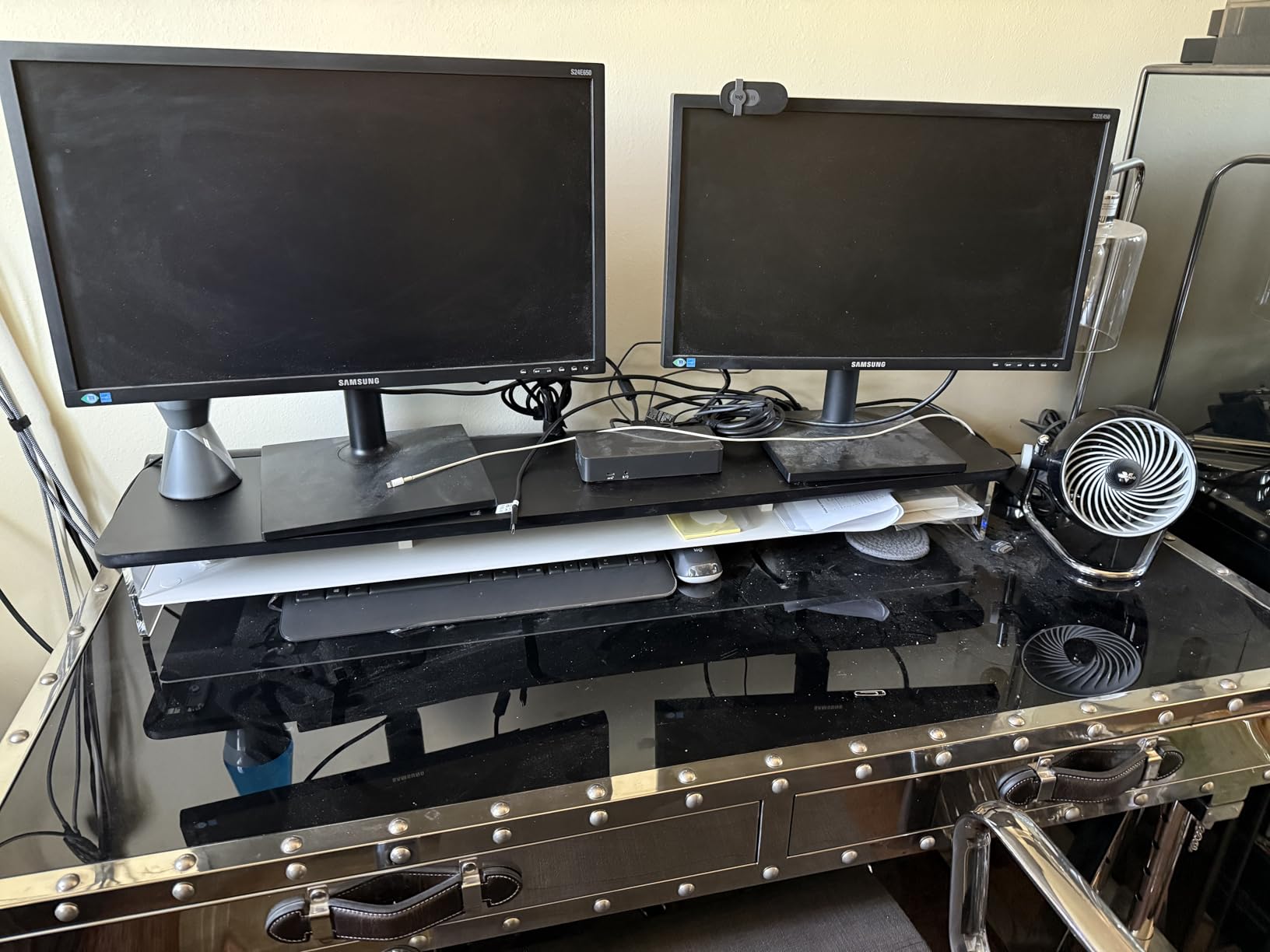 Fenge Acrylic Monitor Stand Riser, 42.5 Inches Dual Monitor Stand with Metal Storage, 2 Tier Acrylic Computer Riser for Desk, Oak customer photo 1