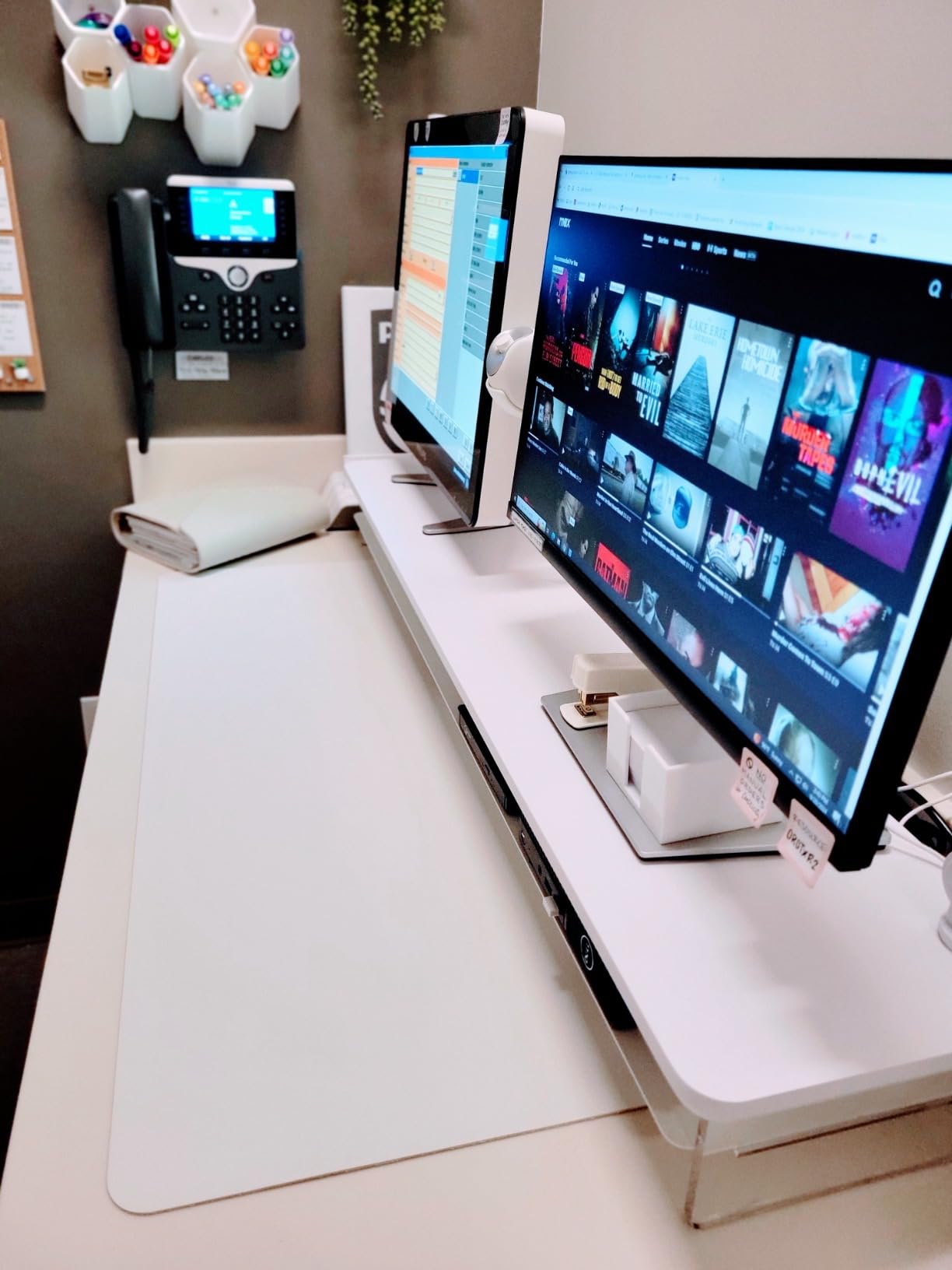 Fenge Acrylic Monitor Stand Riser, 42.5 Inches Dual Monitor Stand with Metal Storage, 2 Tier Acrylic Computer Riser for Desk, Oak customer photo 2