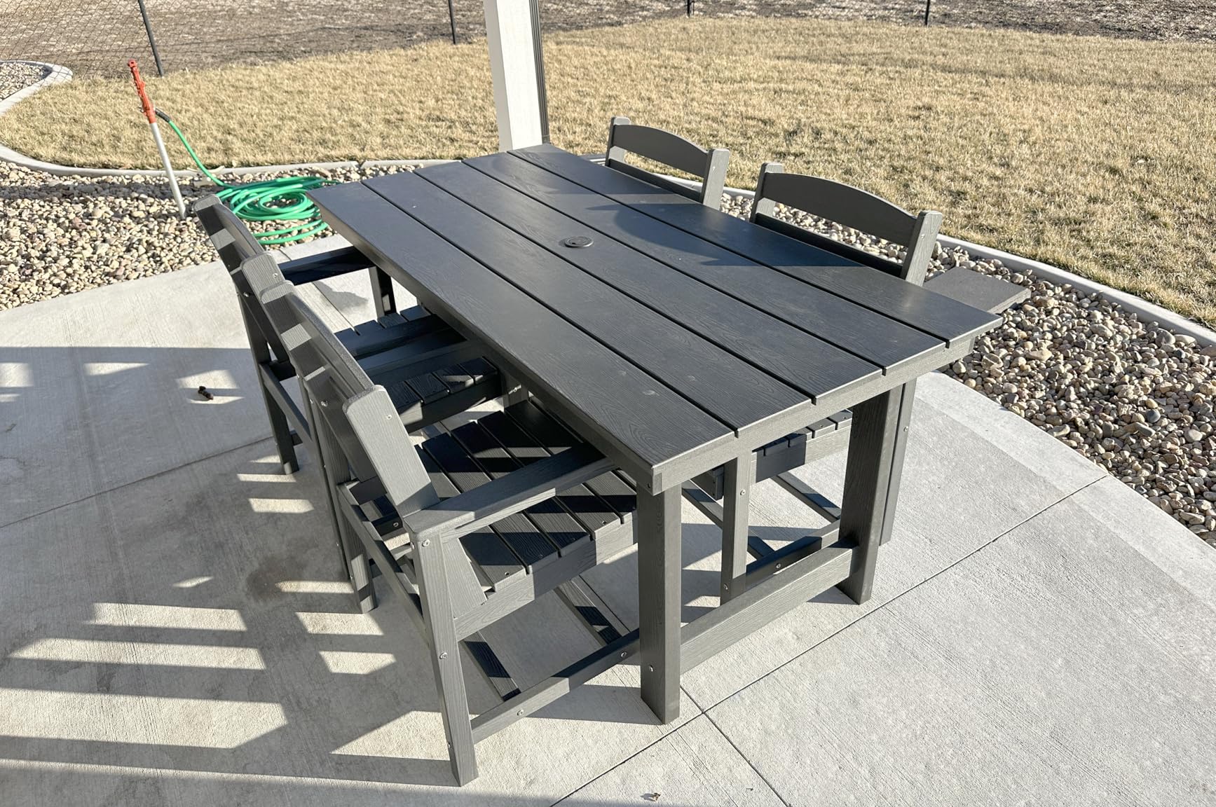 SERWALL 7-Piece Patio Dining Table Sets, Outdoor HDPE Dining Furniture Set with Umbrella Hole Cut-Out Table and 6 Chairs, Black customer photo 2