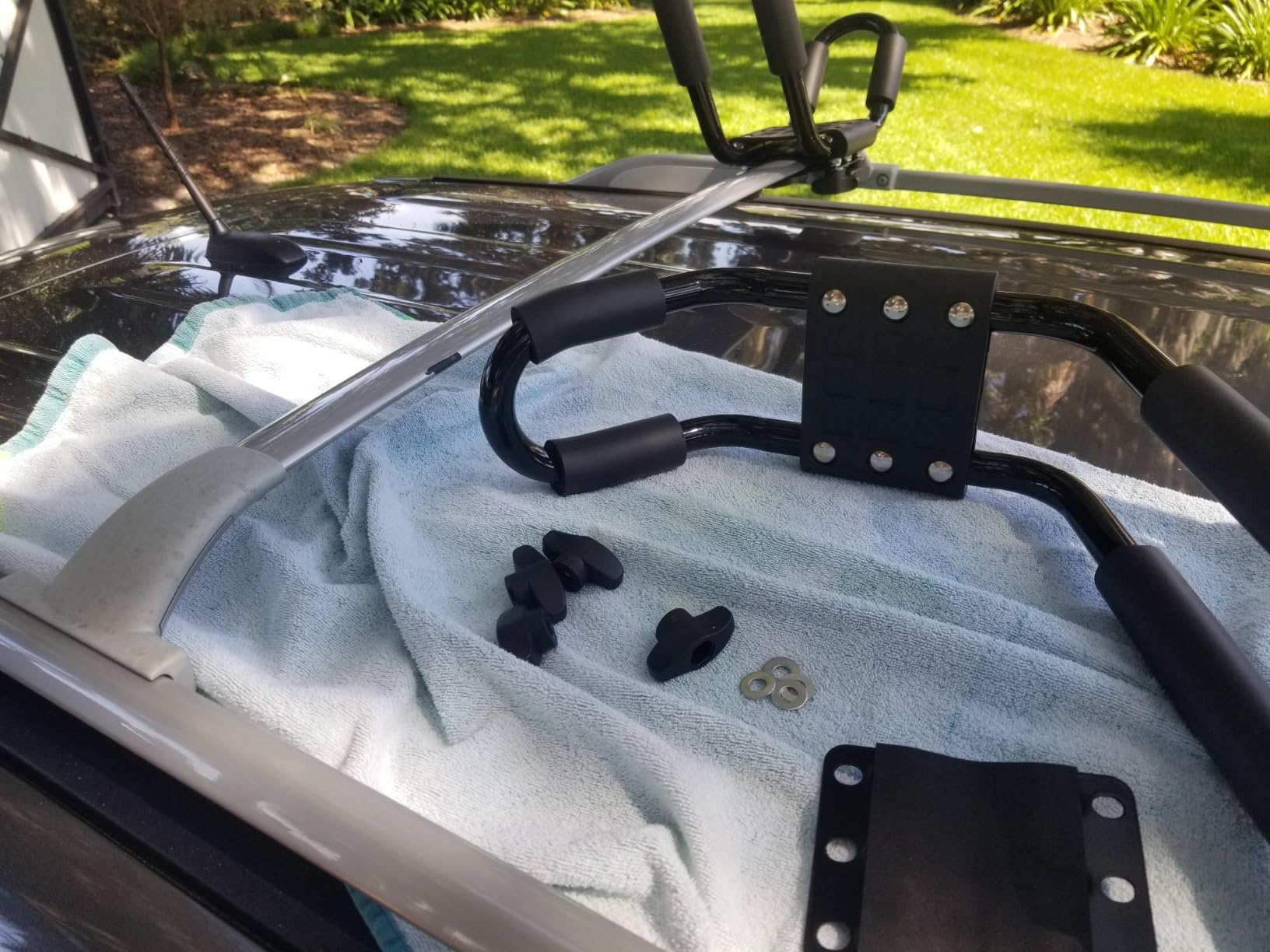 2-Pack Kayak Roof Rack Carrier - Heavy-Duty J-Style Crossbar Mount for Kayak/Canoe/Surf Ski (75lb Capacity), Includes 4 Ratchet Tie-Down Straps & Rust-Resistant Hardware (Fits Square/Oval/Flat Bars) customer photo 1