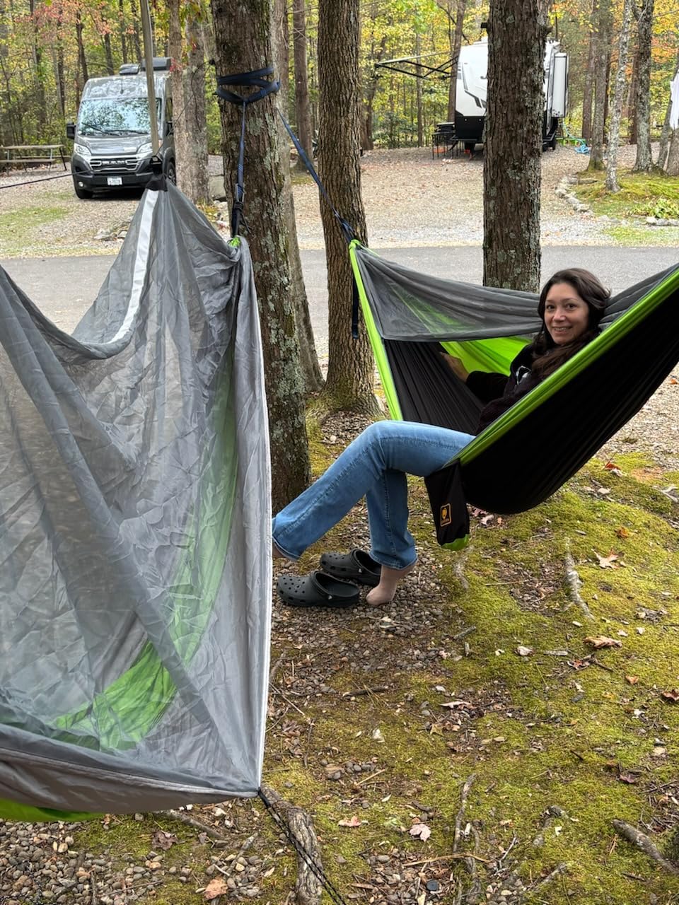 Camping Hammock, Portable Hammocks with Mosquito Net, Lightweight Nylon Parachute Hammock with 10ft Tree Straps, Camping Gear Must Haves for Travel Hiking Backpacking Beach Patio-Black&Grey customer photo 1