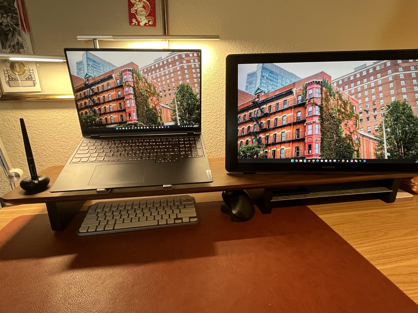 KIVY Dual Monitor Riser With Integrated Metal Shelf [MADE BY HAND] - Wooden Desk Shelf for 2 Monitors - Wide Long Stand for Desk (44 x10x3in - Oak) customer photo 1