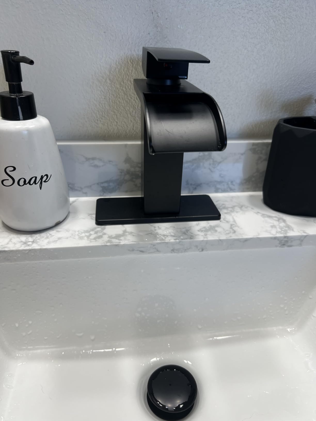 Waterfall Bathroom Faucet 1 Hole, Single Hole Bathroom Faucet, Single Handle Vanity Sink Faucet with Deck Plate, Pop-up Drain & Supply Lines, Matte Black customer photo 2