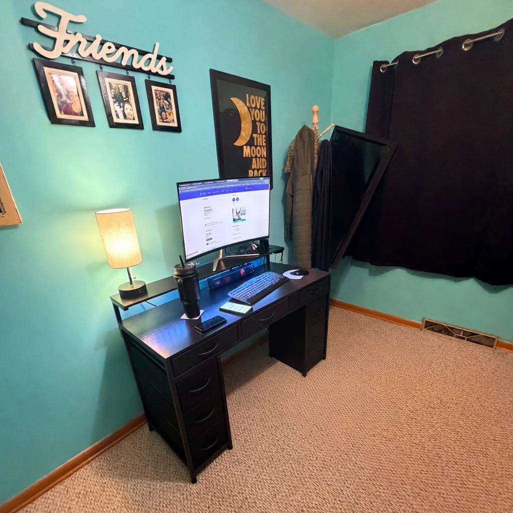Huuger Gaming Desk with 6 Drawers, Computer Desk with LED Lights Power Outlets and Type-C, 47 Inch Office Desk with Storage, Monitor Stand, Writing Desk Work Desk Home Office, Bedroom, Study, Black customer photo 2