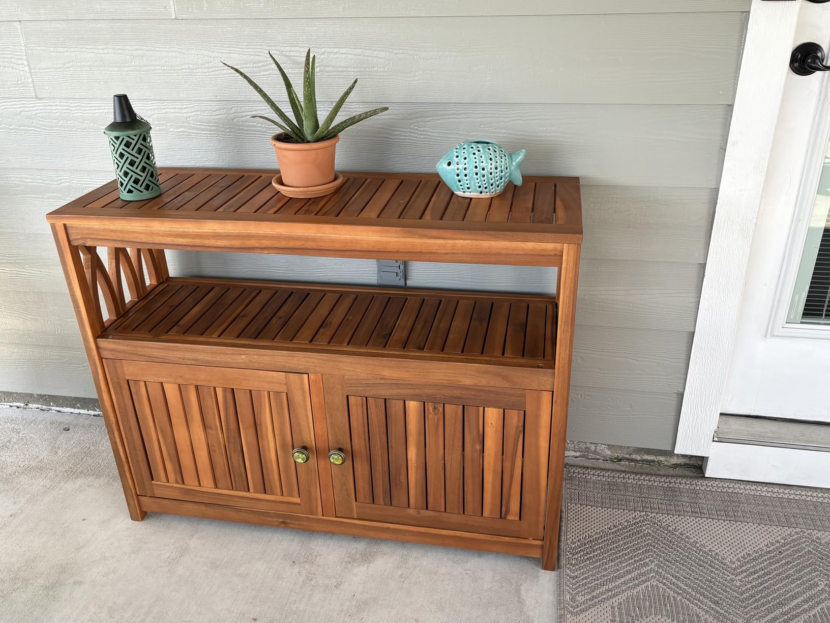 Flamaker Outdoor Storage Cabinet Weatherproof Acacia Wood Outdoor Cabinet with 2 Magnetic Doors Used for Outdoor Storage, Buffet Cabinet, TV Stand, Bar Table, Potting Table (Brown) customer photo 2